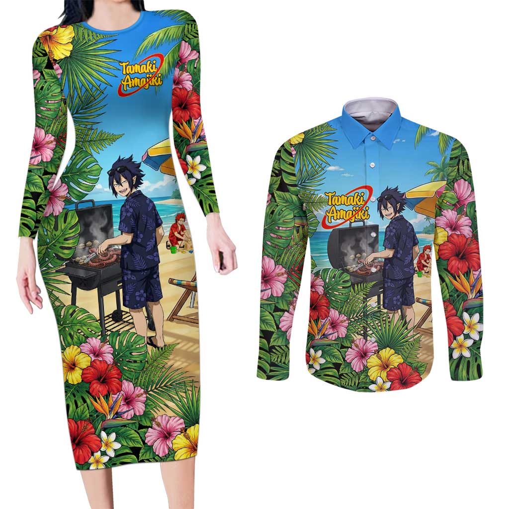 Tamaki Amajiki Summer Chill Couples Matching Long Sleeve Bodycon Dress and Long Sleeve Button Shirt Tropical Anime Beach Scene