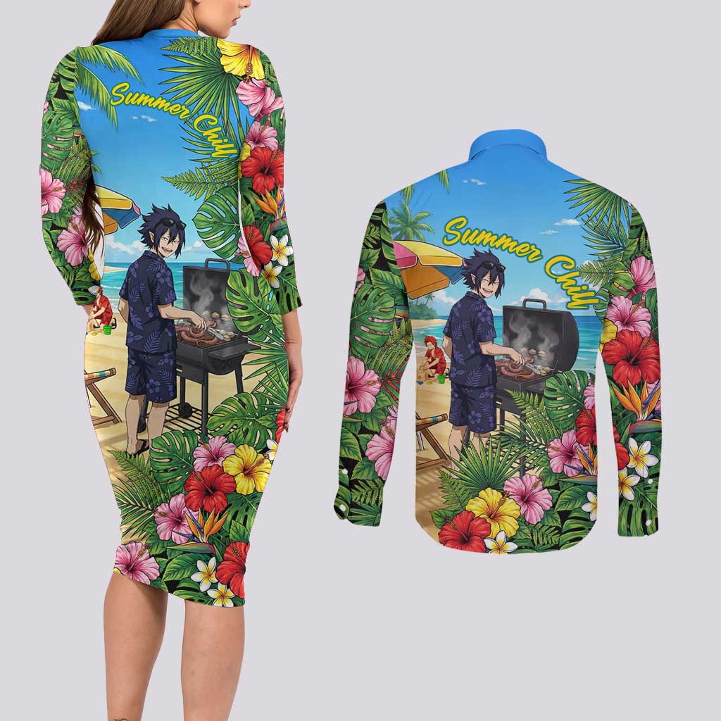 Tamaki Amajiki Summer Chill Couples Matching Long Sleeve Bodycon Dress and Long Sleeve Button Shirt Tropical Anime Beach Scene