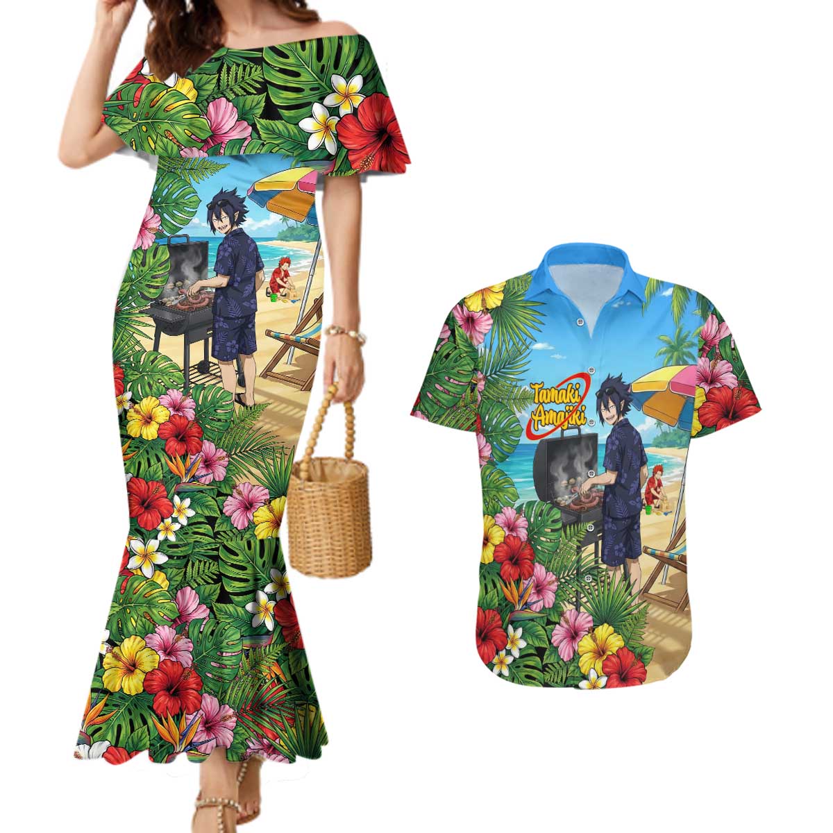 Tamaki Amajiki Summer Chill Couples Matching Mermaid Dress and Hawaiian Shirt Tropical Anime Beach Scene