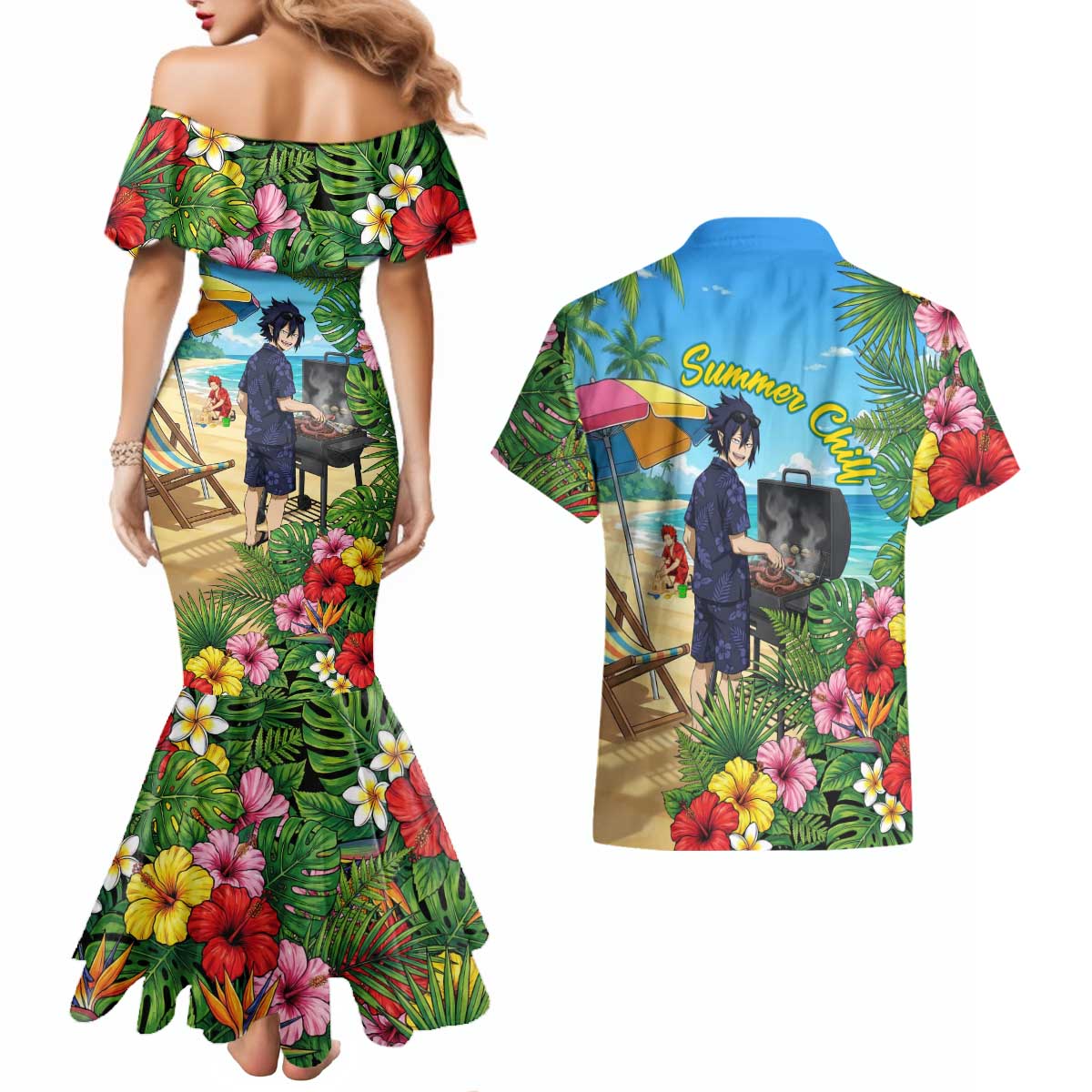 Tamaki Amajiki Summer Chill Couples Matching Mermaid Dress and Hawaiian Shirt Tropical Anime Beach Scene