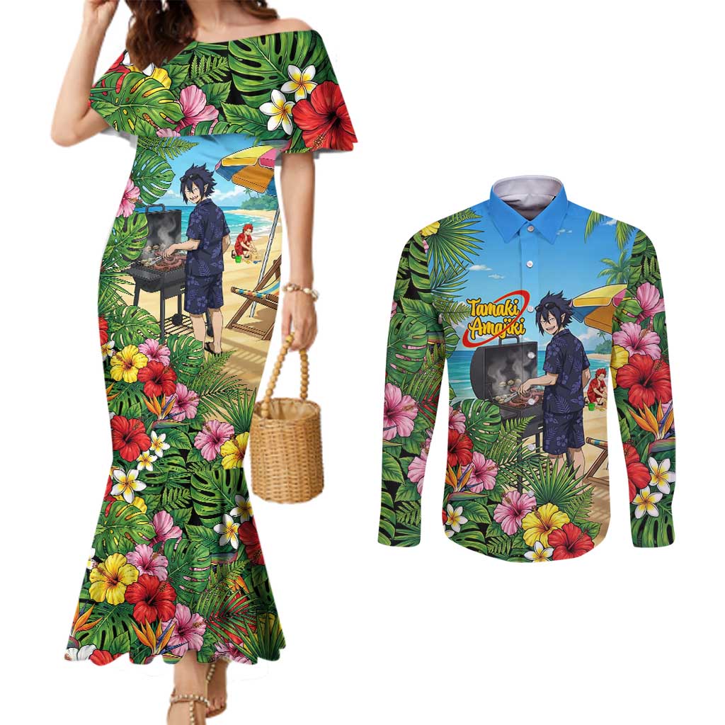 Tamaki Amajiki Summer Chill Couples Matching Mermaid Dress and Long Sleeve Button Shirt Tropical Anime Beach Scene