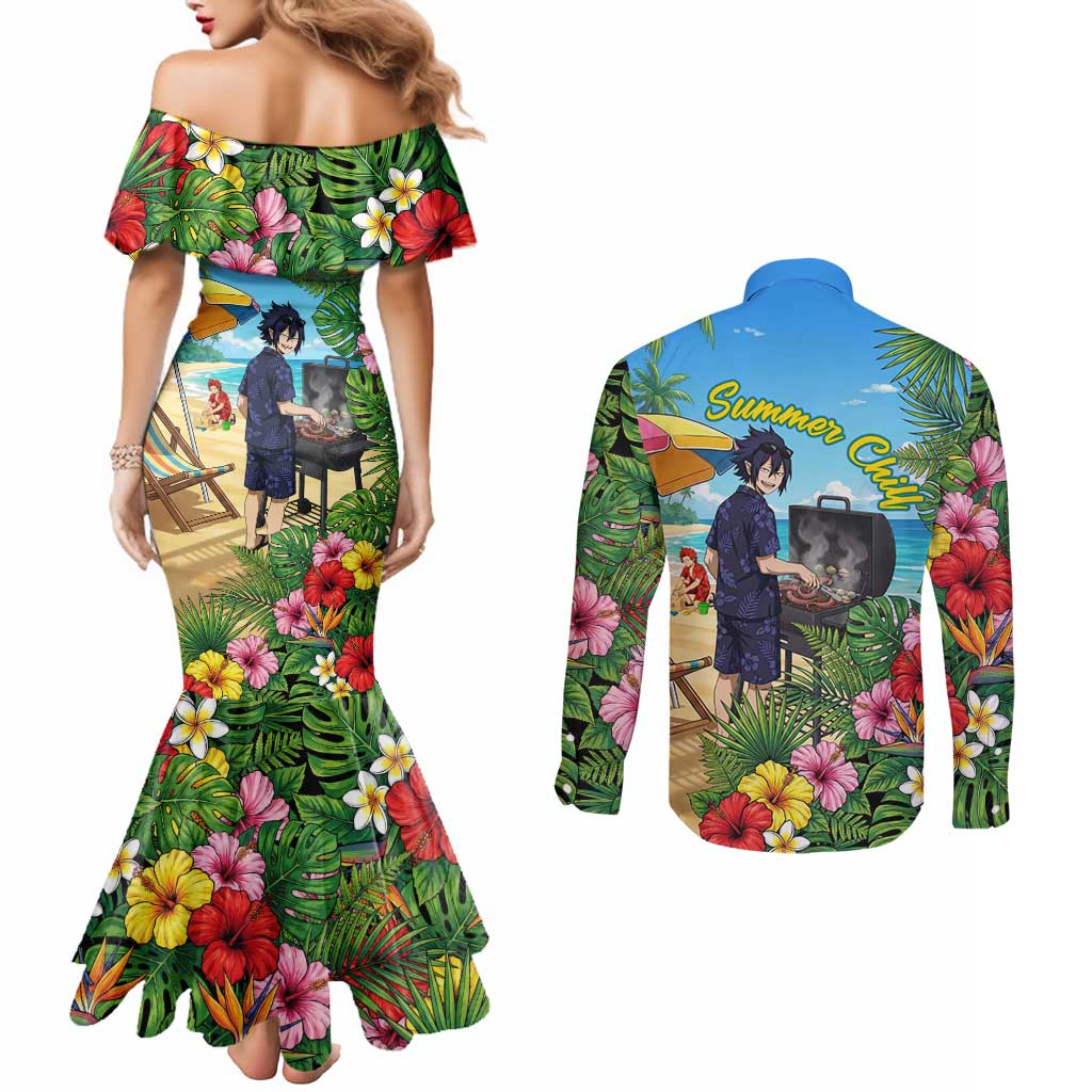 Tamaki Amajiki Summer Chill Couples Matching Mermaid Dress and Long Sleeve Button Shirt Tropical Anime Beach Scene