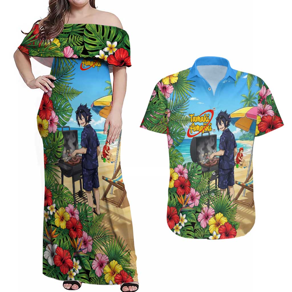 Tamaki Amajiki Summer Chill Couples Matching Off Shoulder Maxi Dress and Hawaiian Shirt Tropical Anime Beach Scene