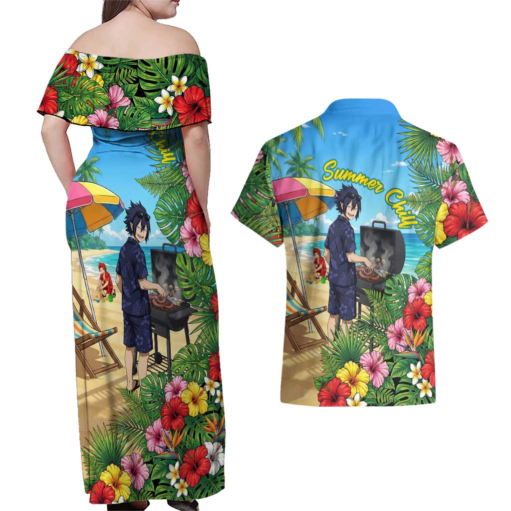Tamaki Amajiki Summer Chill Couples Matching Off Shoulder Maxi Dress and Hawaiian Shirt Tropical Anime Beach Scene