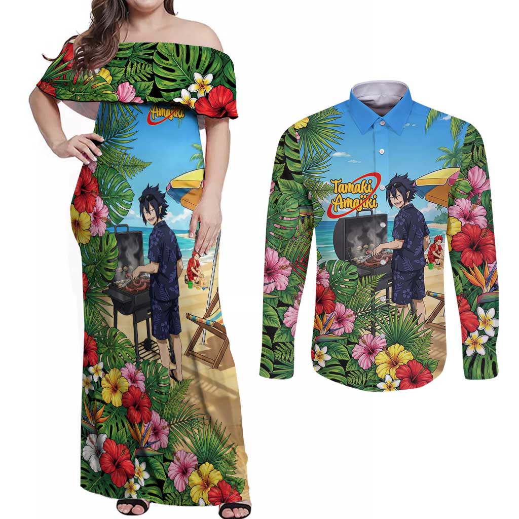 Tamaki Amajiki Summer Chill Couples Matching Off Shoulder Maxi Dress and Long Sleeve Button Shirt Tropical Anime Beach Scene