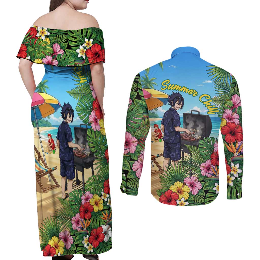 Tamaki Amajiki Summer Chill Couples Matching Off Shoulder Maxi Dress and Long Sleeve Button Shirt Tropical Anime Beach Scene