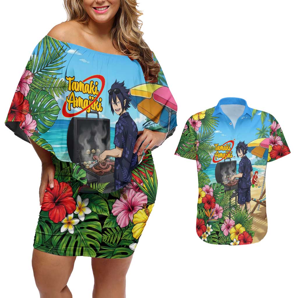 Tamaki Amajiki Summer Chill Couples Matching Off Shoulder Short Dress and Hawaiian Shirt Tropical Anime Beach Scene