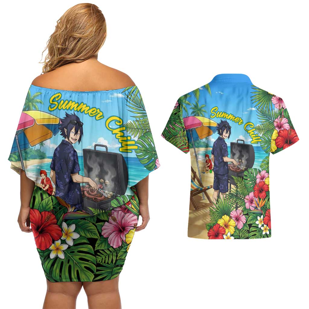 Tamaki Amajiki Summer Chill Couples Matching Off Shoulder Short Dress and Hawaiian Shirt Tropical Anime Beach Scene