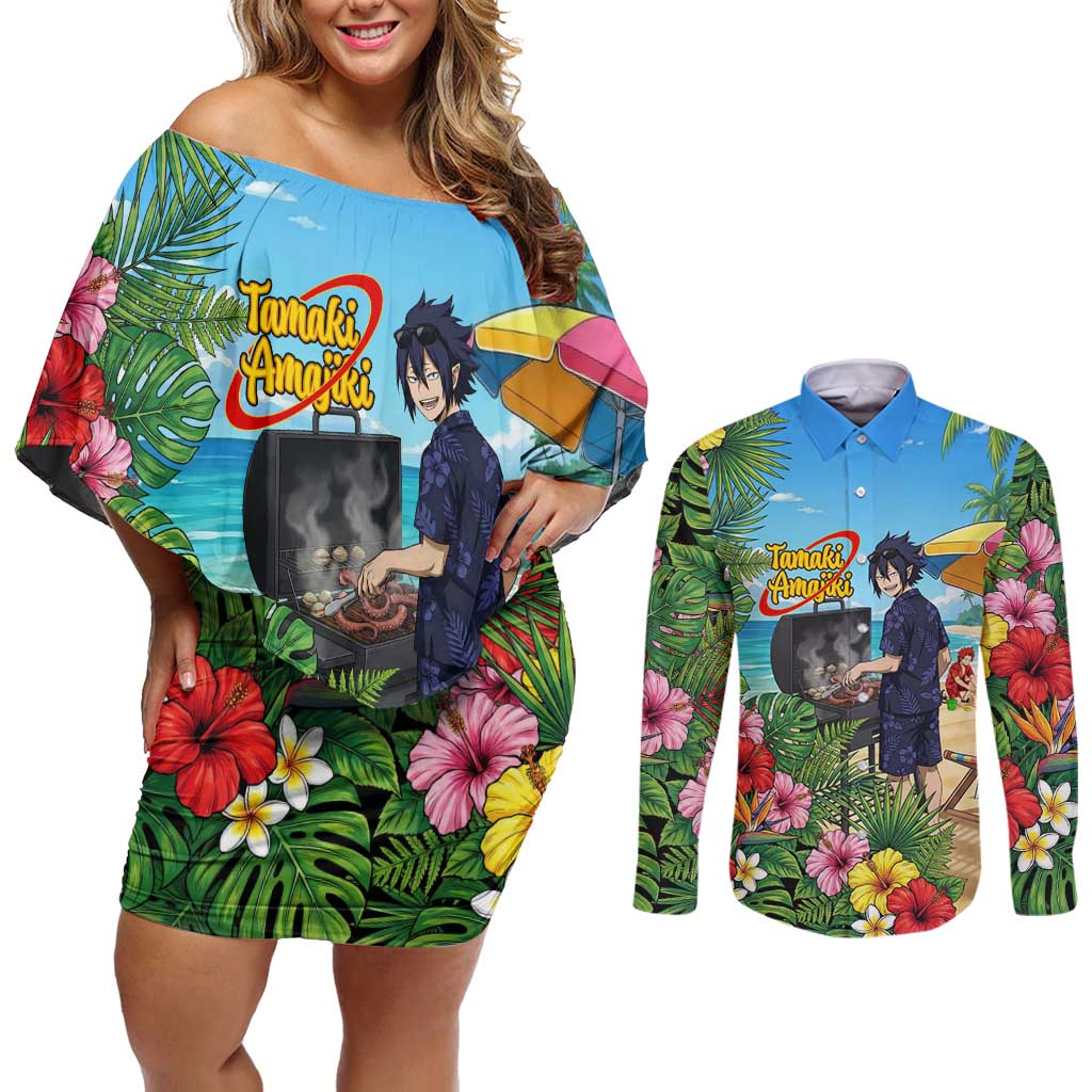 Tamaki Amajiki Summer Chill Couples Matching Off Shoulder Short Dress and Long Sleeve Button Shirt Tropical Anime Beach Scene