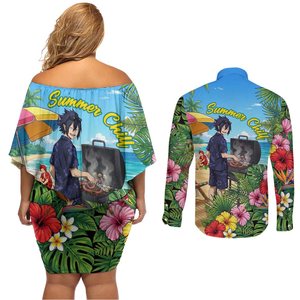 Tamaki Amajiki Summer Chill Couples Matching Off Shoulder Short Dress and Long Sleeve Button Shirt Tropical Anime Beach Scene