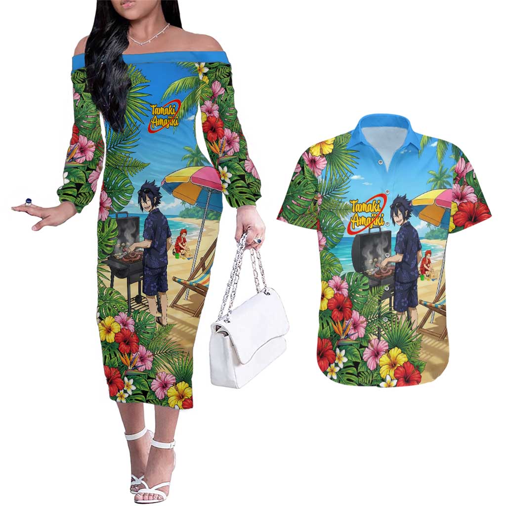 Tamaki Amajiki Summer Chill Couples Matching Off The Shoulder Long Sleeve Dress and Hawaiian Shirt Tropical Anime Beach Scene