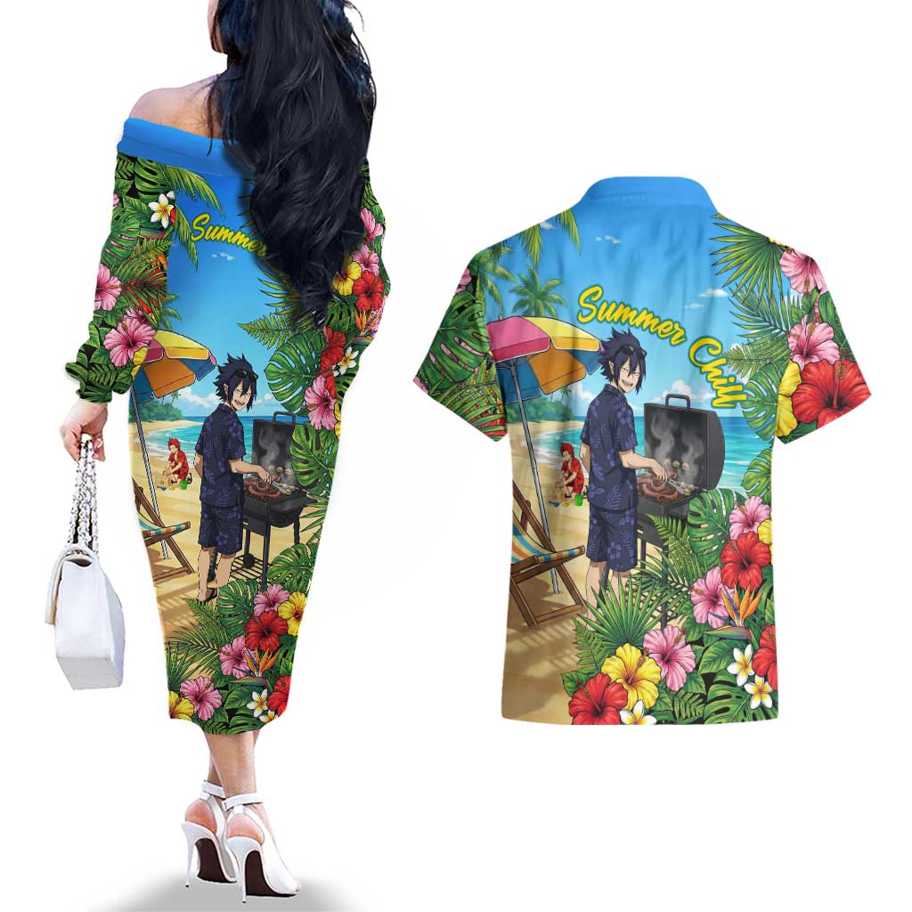 Tamaki Amajiki Summer Chill Couples Matching Off The Shoulder Long Sleeve Dress and Hawaiian Shirt Tropical Anime Beach Scene