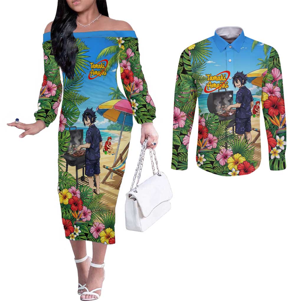 Tamaki Amajiki Summer Chill Couples Matching Off The Shoulder Long Sleeve Dress and Long Sleeve Button Shirt Tropical Anime Beach Scene