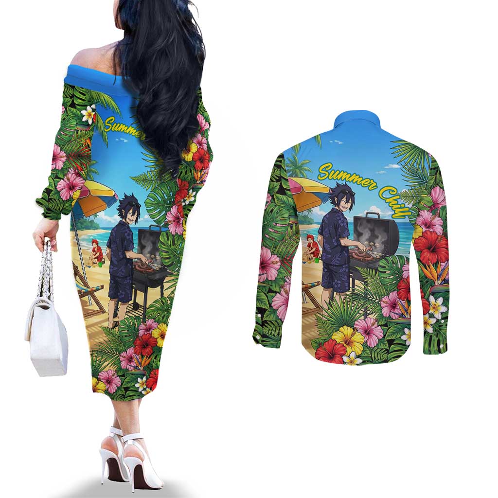 Tamaki Amajiki Summer Chill Couples Matching Off The Shoulder Long Sleeve Dress and Long Sleeve Button Shirt Tropical Anime Beach Scene