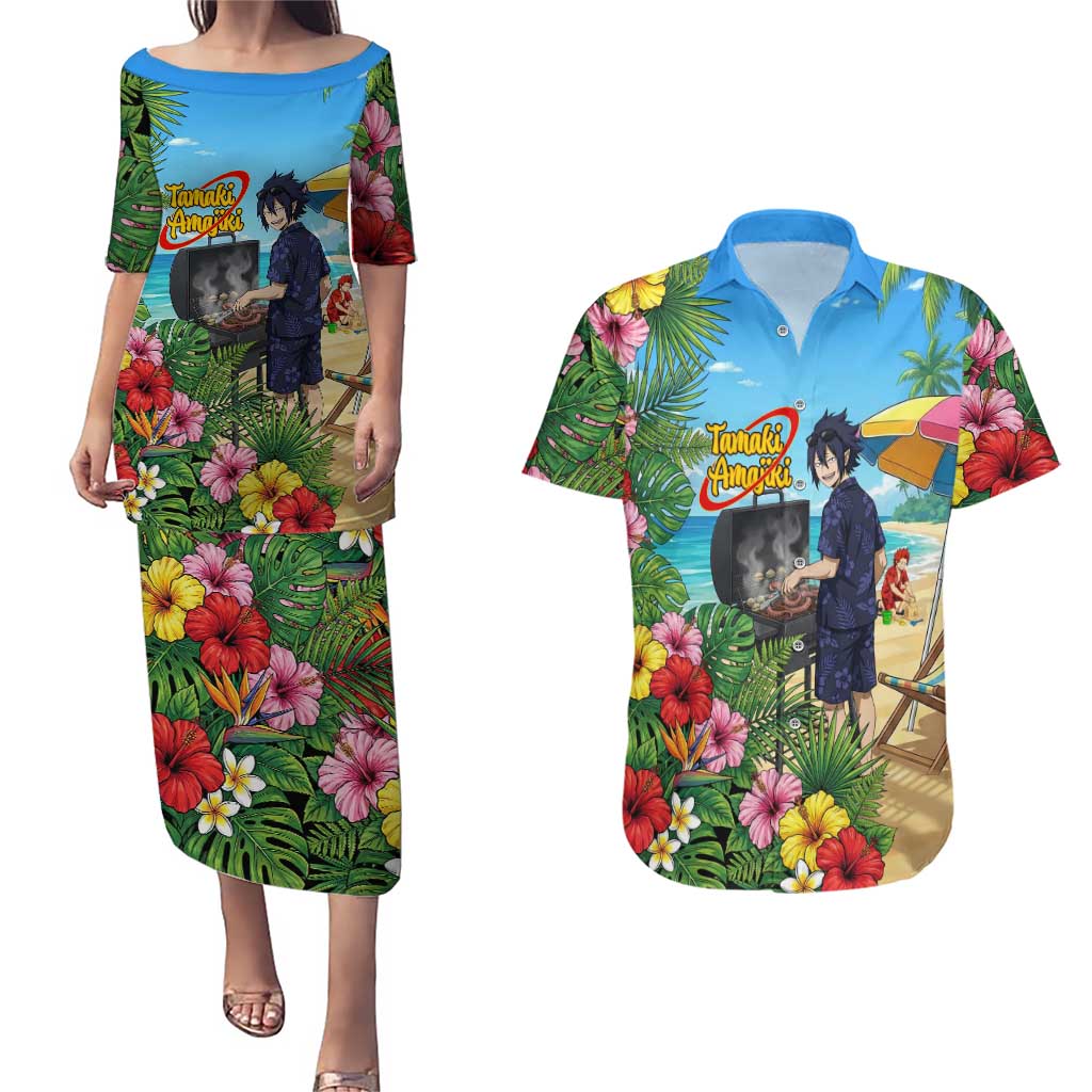 Tamaki Amajiki Summer Chill Couples Matching Puletasi and Hawaiian Shirt Tropical Anime Beach Scene