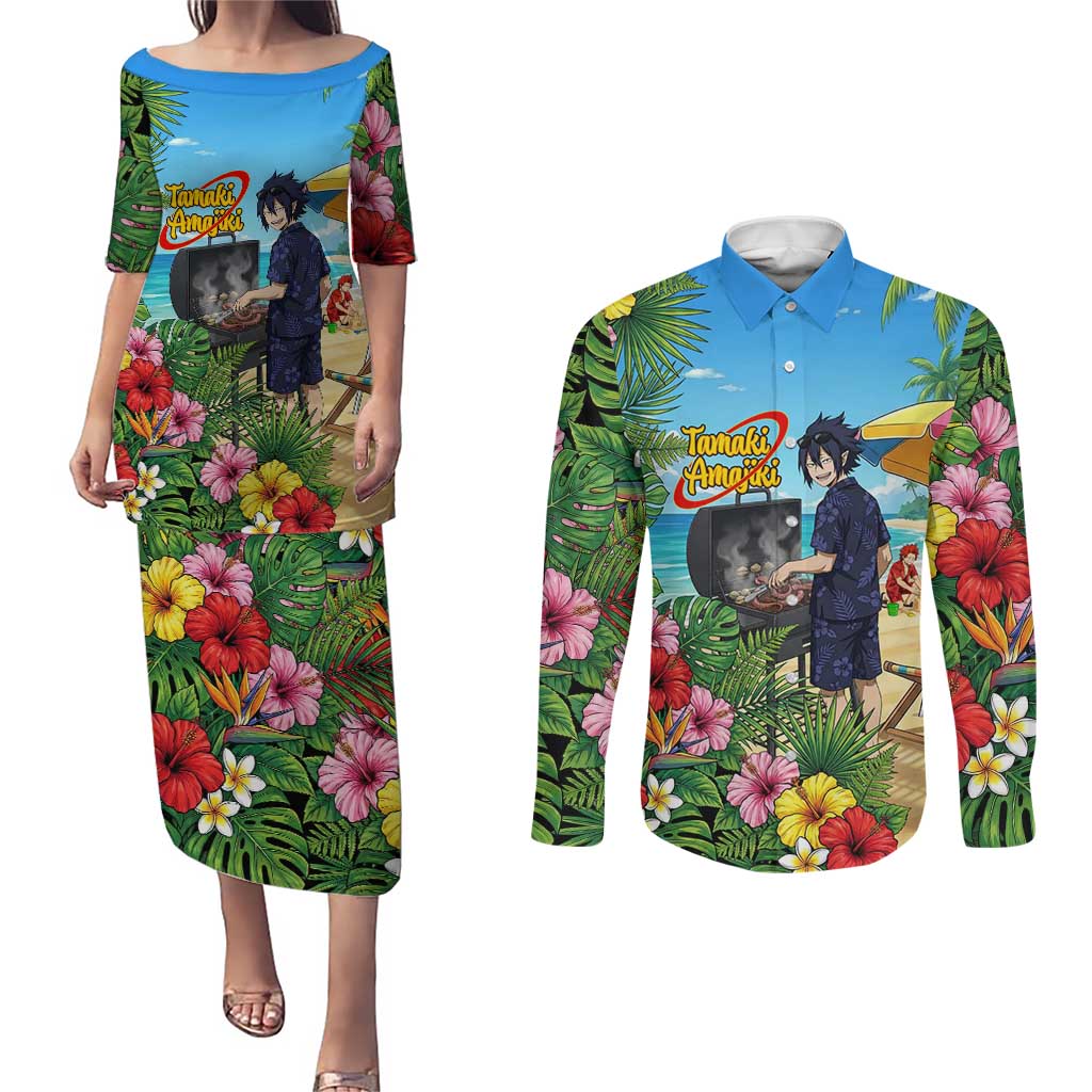 Tamaki Amajiki Summer Chill Couples Matching Puletasi and Long Sleeve Button Shirt Tropical Anime Beach Scene