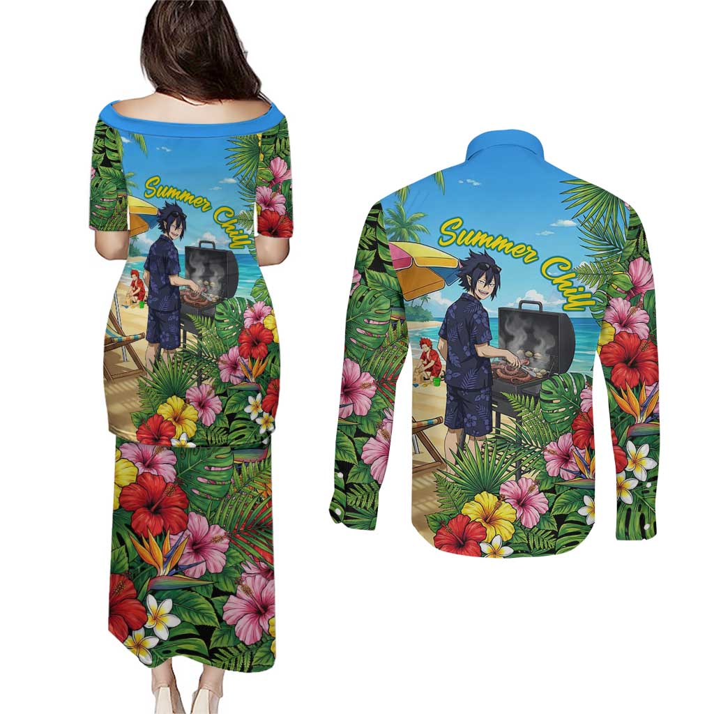 Tamaki Amajiki Summer Chill Couples Matching Puletasi and Long Sleeve Button Shirt Tropical Anime Beach Scene