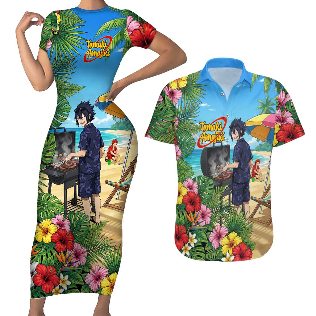 Tamaki Amajiki Summer Chill Couples Matching Short Sleeve Bodycon Dress and Hawaiian Shirt Tropical Anime Beach Scene