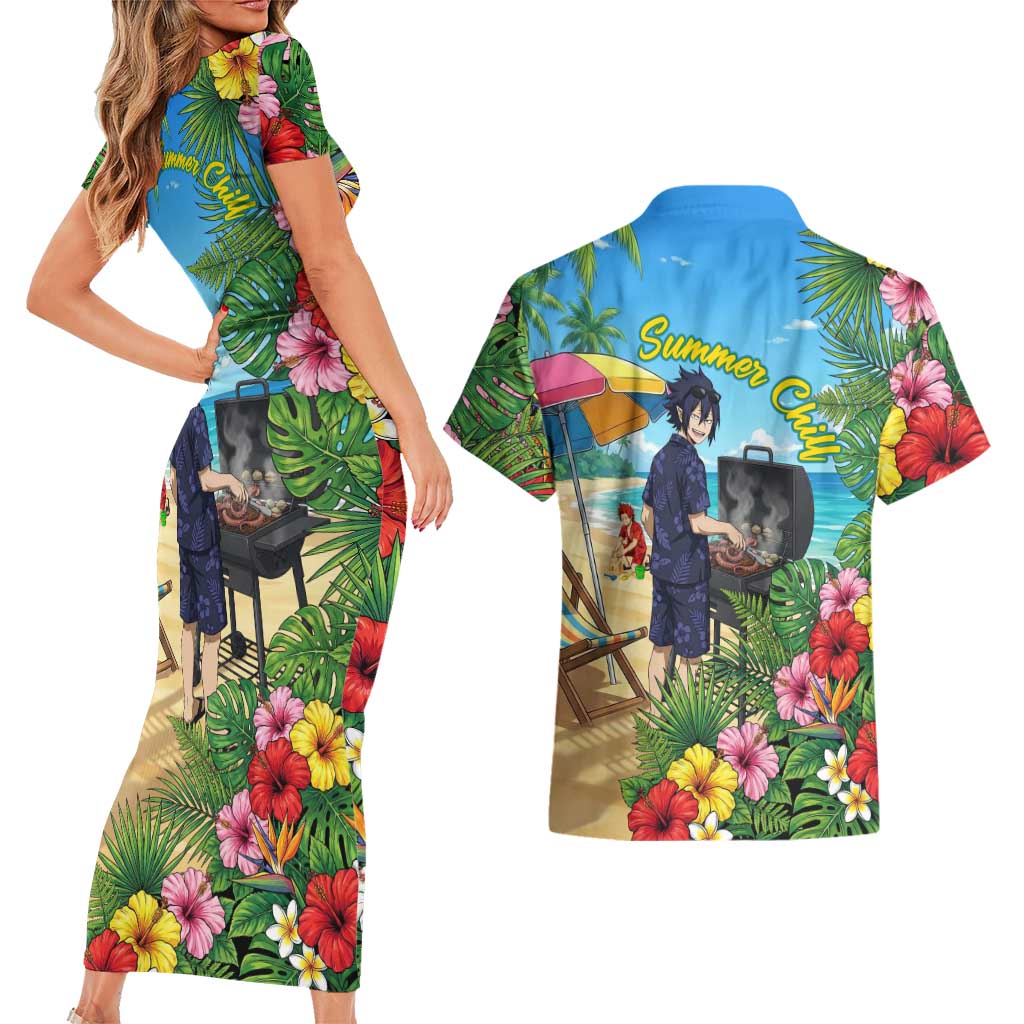 Tamaki Amajiki Summer Chill Couples Matching Short Sleeve Bodycon Dress and Hawaiian Shirt Tropical Anime Beach Scene