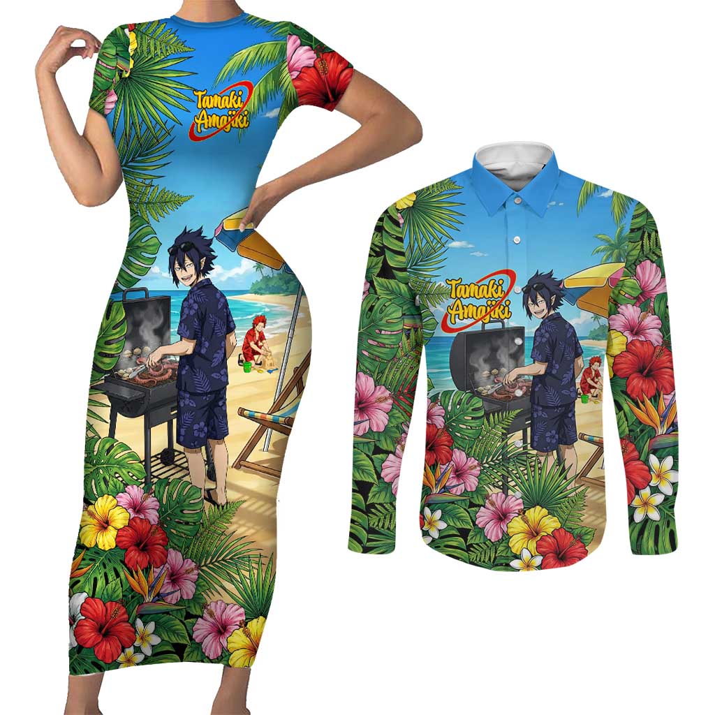 Tamaki Amajiki Summer Chill Couples Matching Short Sleeve Bodycon Dress and Long Sleeve Button Shirt Tropical Anime Beach Scene