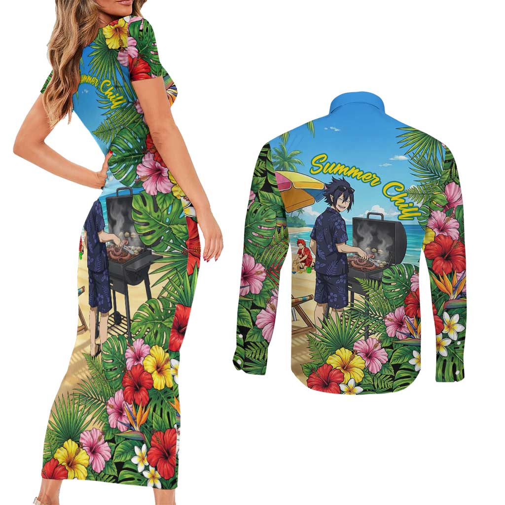 Tamaki Amajiki Summer Chill Couples Matching Short Sleeve Bodycon Dress and Long Sleeve Button Shirt Tropical Anime Beach Scene