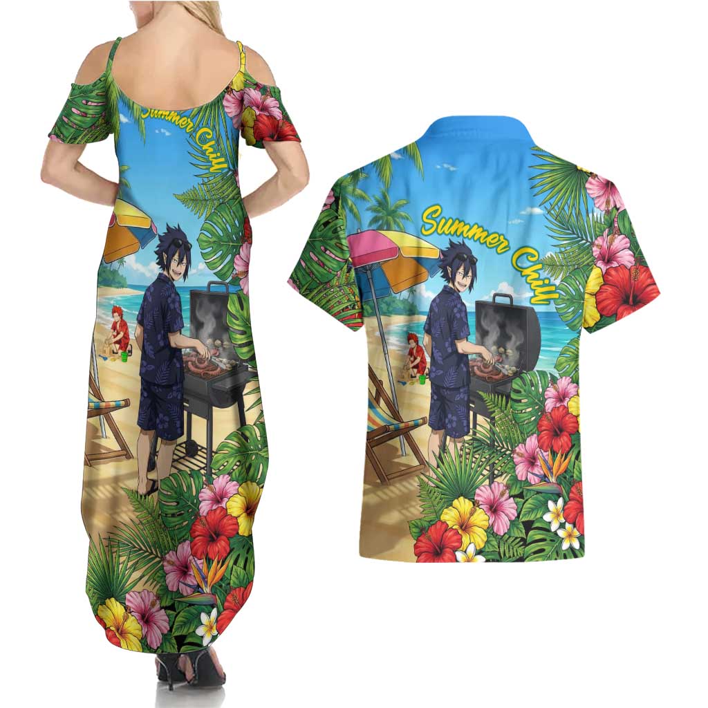 Tamaki Amajiki Summer Chill Couples Matching Summer Maxi Dress and Hawaiian Shirt Tropical Anime Beach Scene