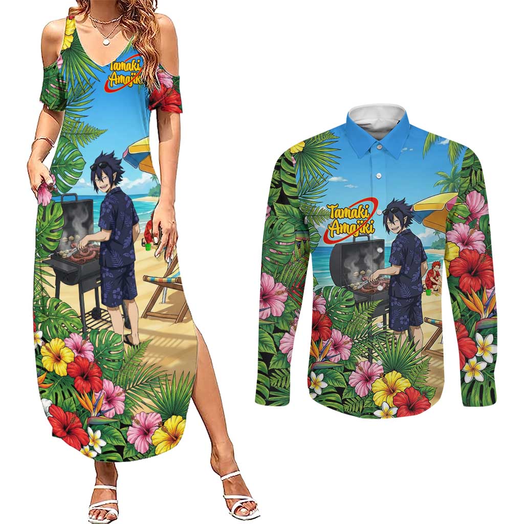 Tamaki Amajiki Summer Chill Couples Matching Summer Maxi Dress and Long Sleeve Button Shirt Tropical Anime Beach Scene