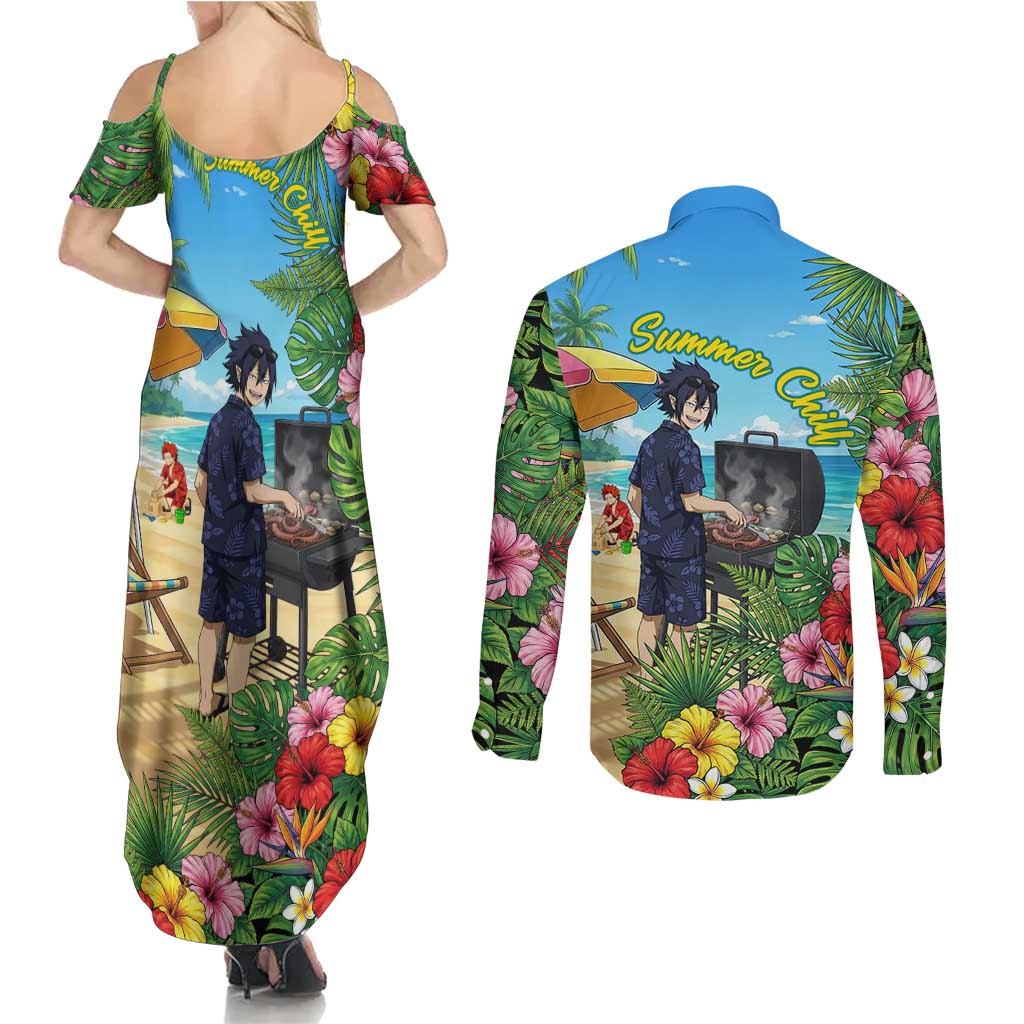 Tamaki Amajiki Summer Chill Couples Matching Summer Maxi Dress and Long Sleeve Button Shirt Tropical Anime Beach Scene