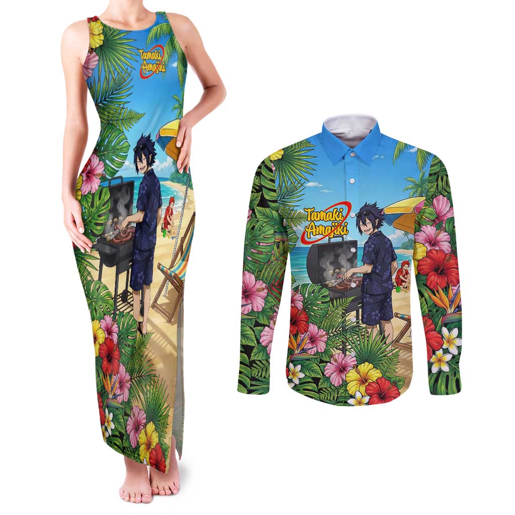 Tamaki Amajiki Summer Chill Couples Matching Tank Maxi Dress and Long Sleeve Button Shirt Tropical Anime Beach Scene