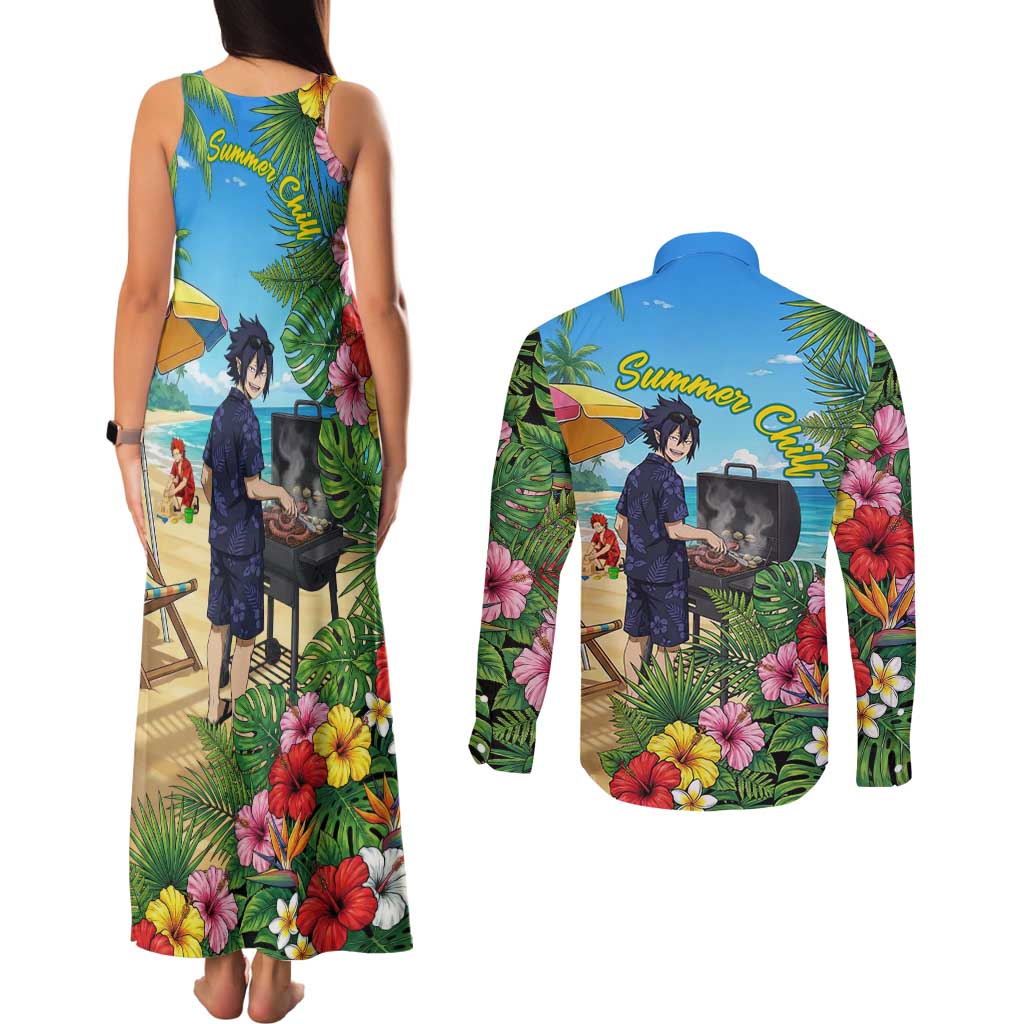 Tamaki Amajiki Summer Chill Couples Matching Tank Maxi Dress and Long Sleeve Button Shirt Tropical Anime Beach Scene