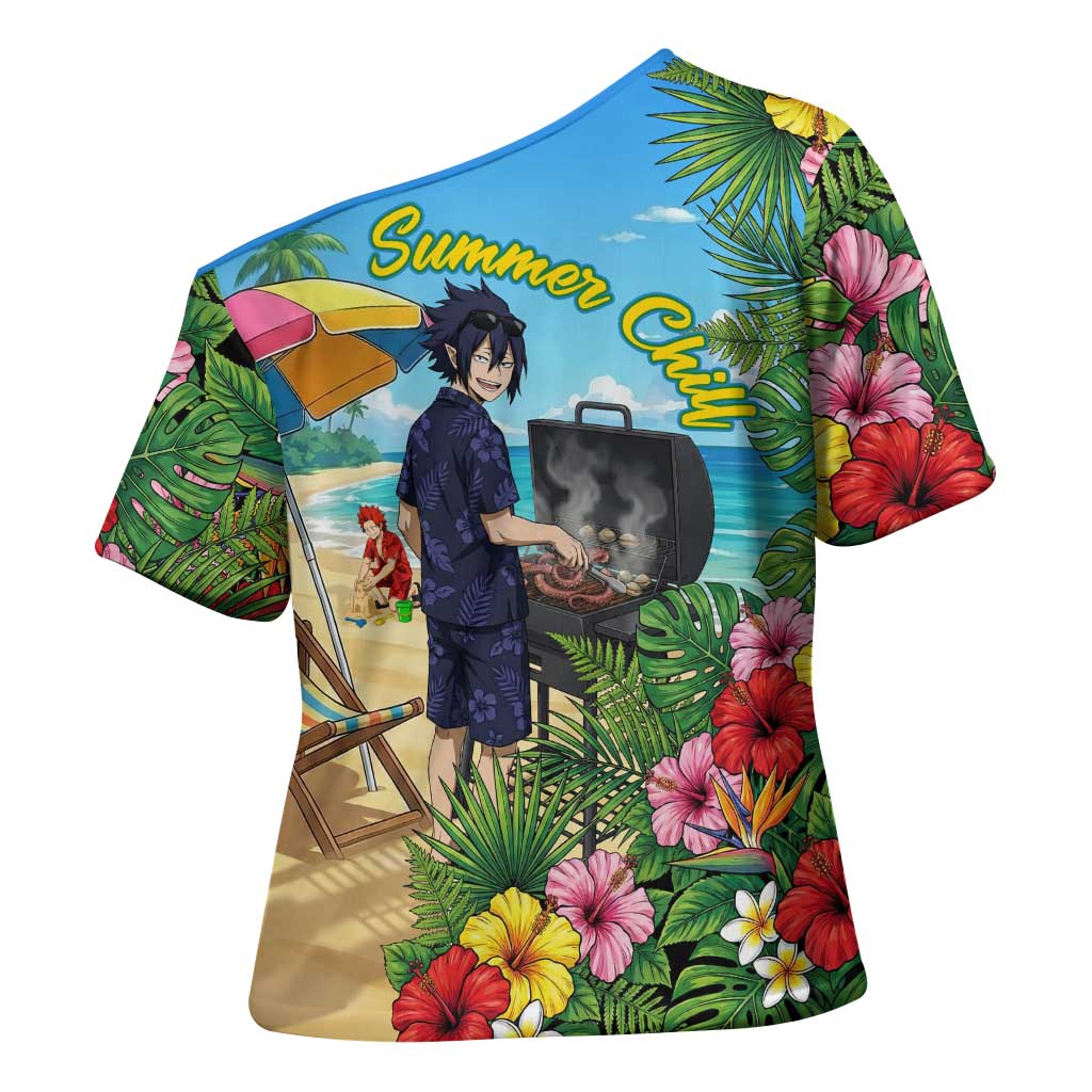 Tamaki Amajiki Summer Chill Cross Shoulder Shirt Tropical Anime Beach Scene