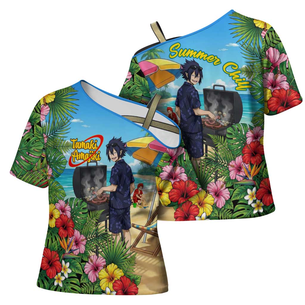 Tamaki Amajiki Summer Chill Cross Shoulder Shirt Tropical Anime Beach Scene
