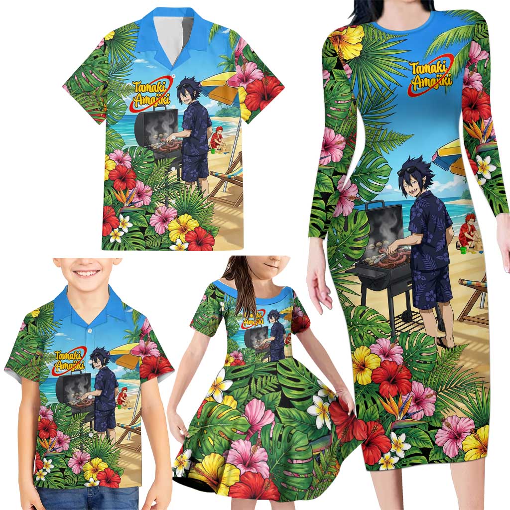 Tamaki Amajiki Summer Chill Family Matching Long Sleeve Bodycon Dress and Hawaiian Shirt Tropical Anime Beach Scene
