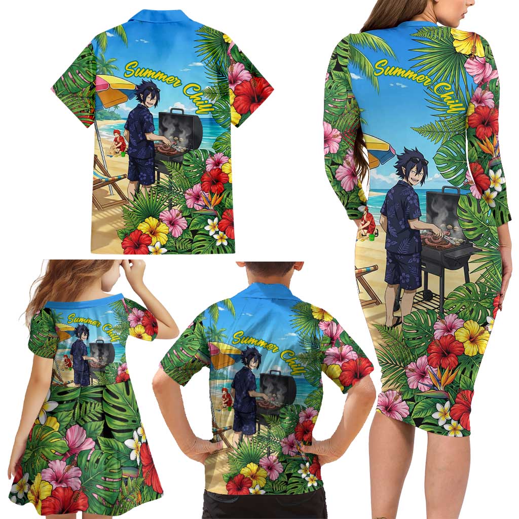 Tamaki Amajiki Summer Chill Family Matching Long Sleeve Bodycon Dress and Hawaiian Shirt Tropical Anime Beach Scene