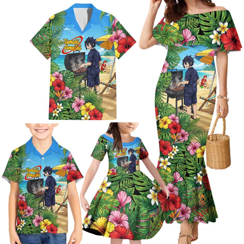Tamaki Amajiki Summer Chill Family Matching Mermaid Dress and Hawaiian Shirt Tropical Anime Beach Scene