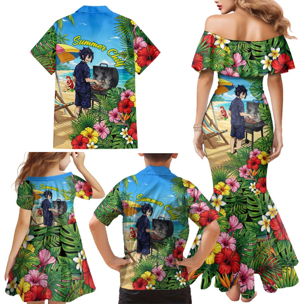 Tamaki Amajiki Summer Chill Family Matching Mermaid Dress and Hawaiian Shirt Tropical Anime Beach Scene