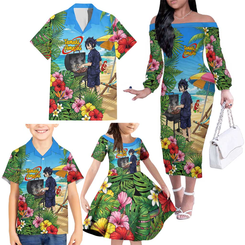 Tamaki Amajiki Summer Chill Family Matching Off The Shoulder Long Sleeve Dress and Hawaiian Shirt Tropical Anime Beach Scene
