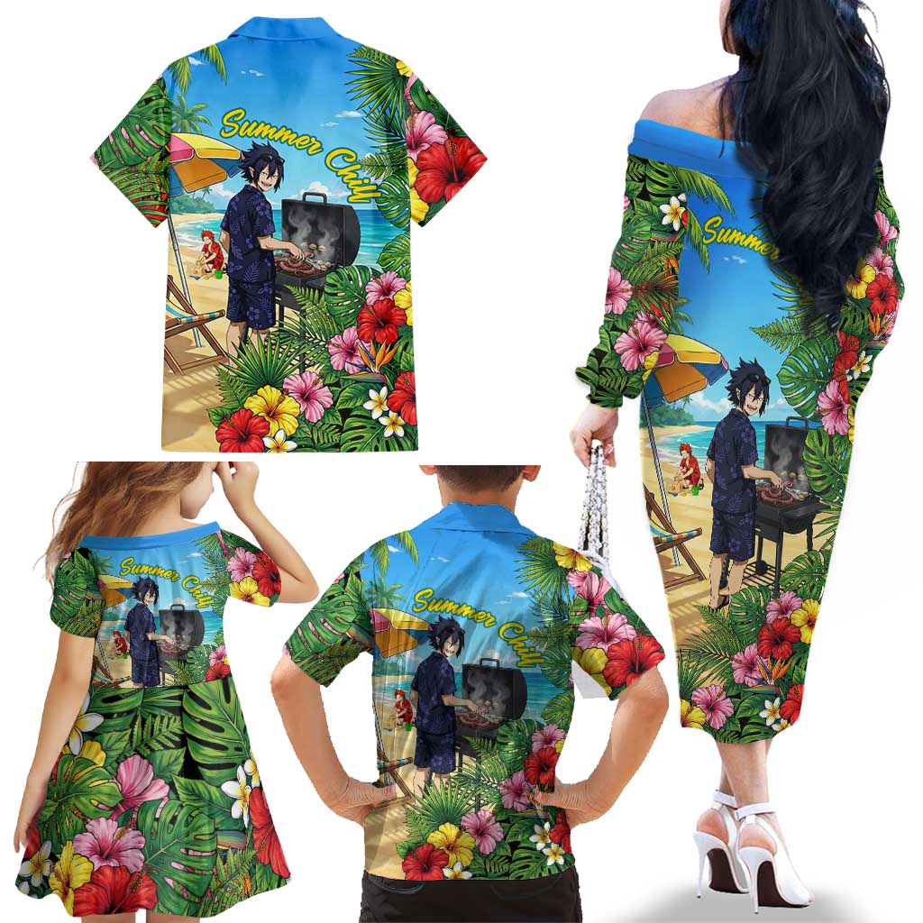 Tamaki Amajiki Summer Chill Family Matching Off The Shoulder Long Sleeve Dress and Hawaiian Shirt Tropical Anime Beach Scene