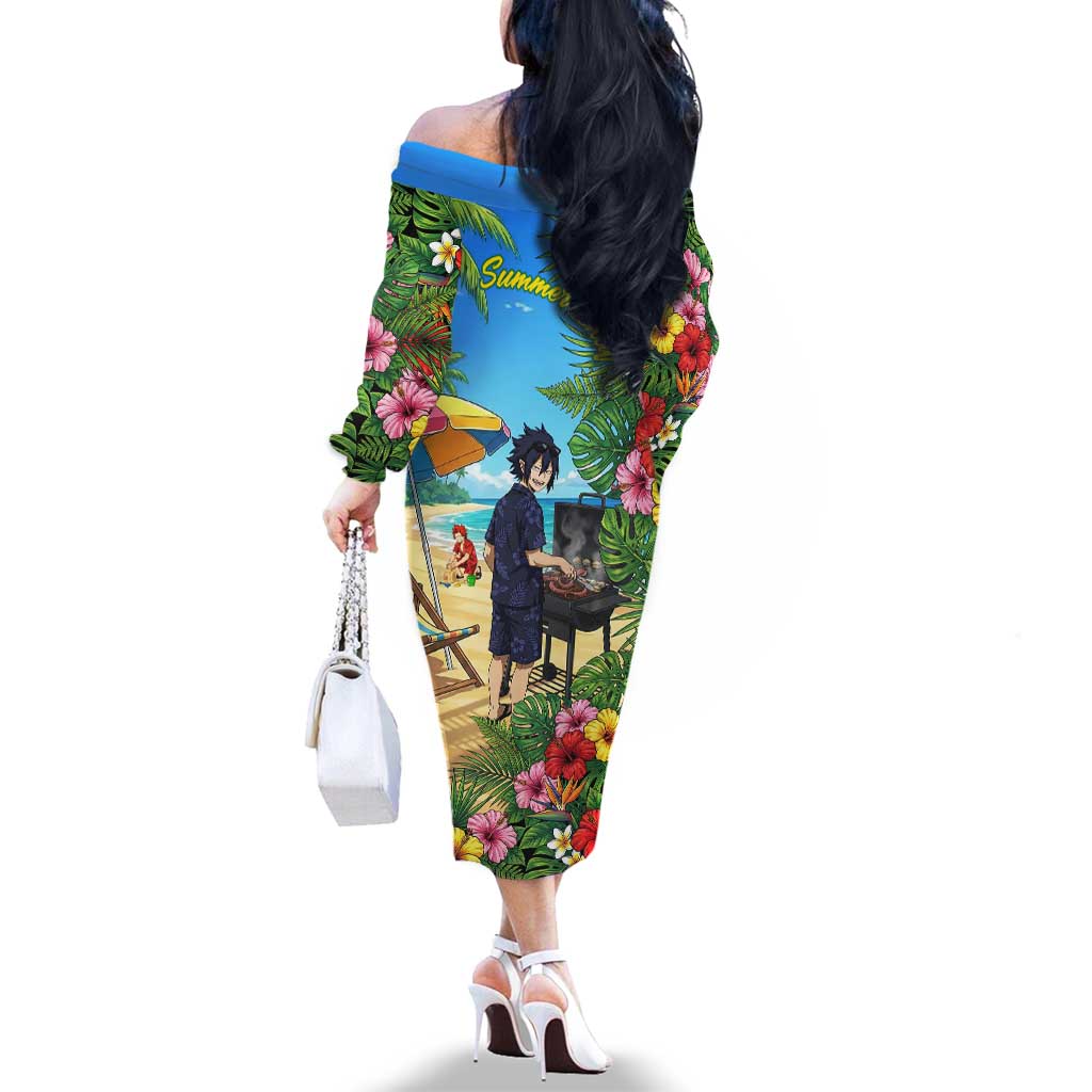 Tamaki Amajiki Summer Chill Family Matching Off The Shoulder Long Sleeve Dress and Hawaiian Shirt Tropical Anime Beach Scene