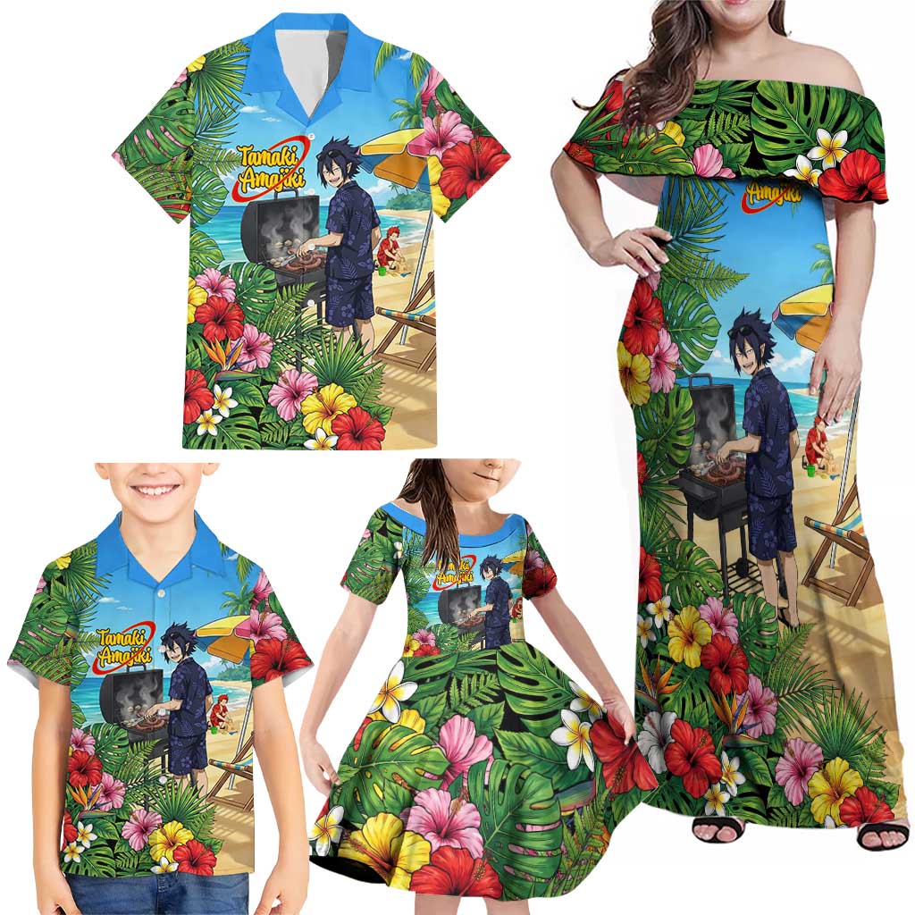 Tamaki Amajiki Summer Chill Family Matching Off Shoulder Maxi Dress and Hawaiian Shirt Tropical Anime Beach Scene