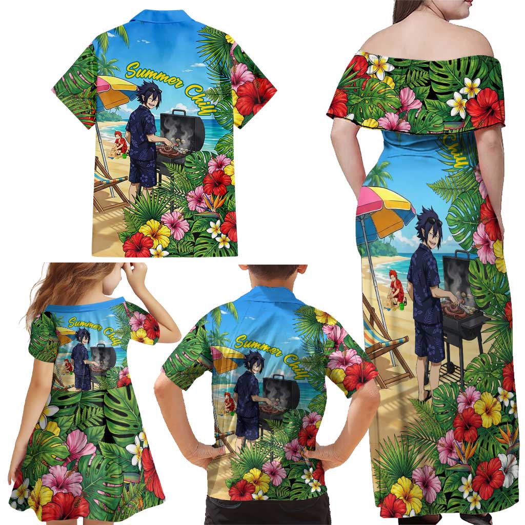 Tamaki Amajiki Summer Chill Family Matching Off Shoulder Maxi Dress and Hawaiian Shirt Tropical Anime Beach Scene