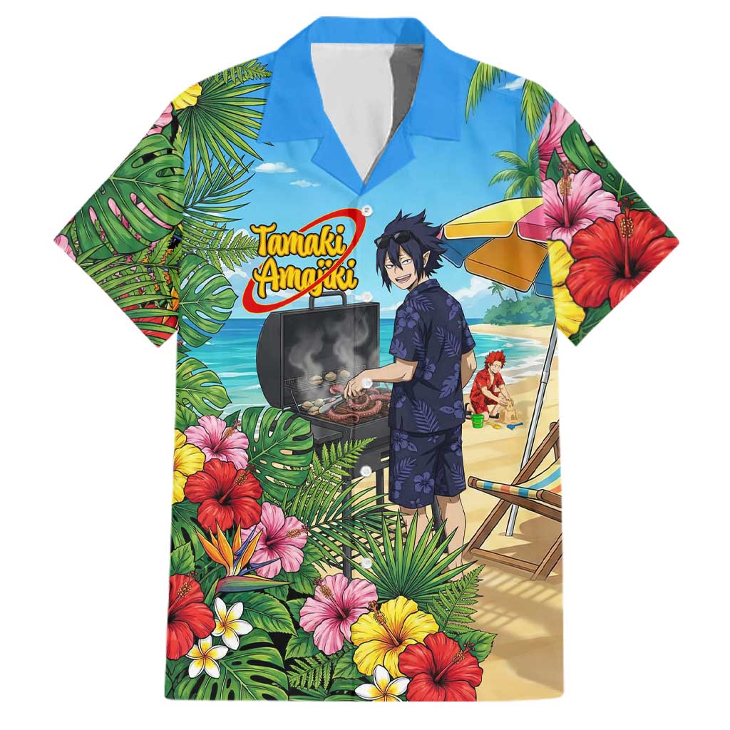 Tamaki Amajiki Summer Chill Family Matching Off Shoulder Maxi Dress and Hawaiian Shirt Tropical Anime Beach Scene