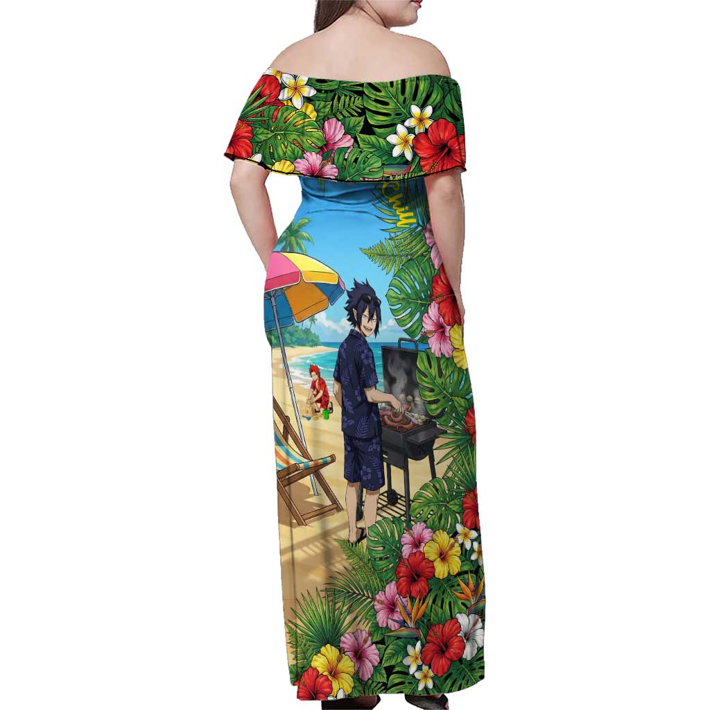 Tamaki Amajiki Summer Chill Family Matching Off Shoulder Maxi Dress and Hawaiian Shirt Tropical Anime Beach Scene