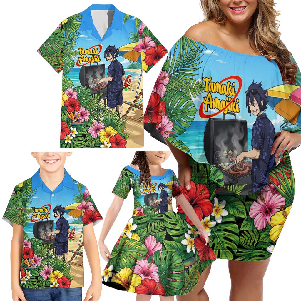 Tamaki Amajiki Summer Chill Family Matching Off Shoulder Short Dress and Hawaiian Shirt Tropical Anime Beach Scene