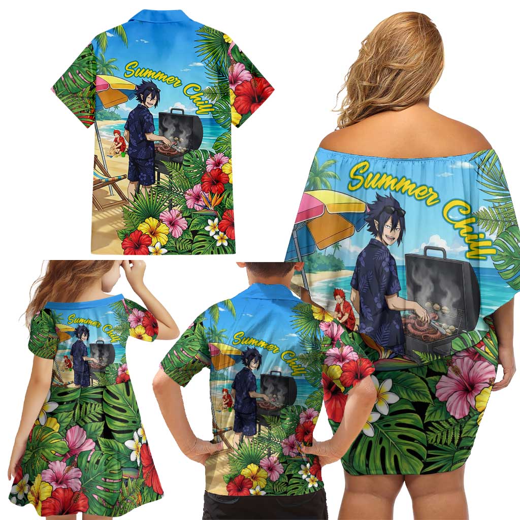 Tamaki Amajiki Summer Chill Family Matching Off Shoulder Short Dress and Hawaiian Shirt Tropical Anime Beach Scene