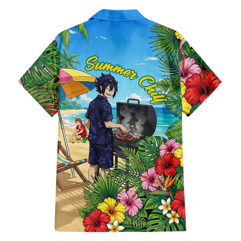 Tamaki Amajiki Summer Chill Family Matching Off Shoulder Short Dress and Hawaiian Shirt Tropical Anime Beach Scene