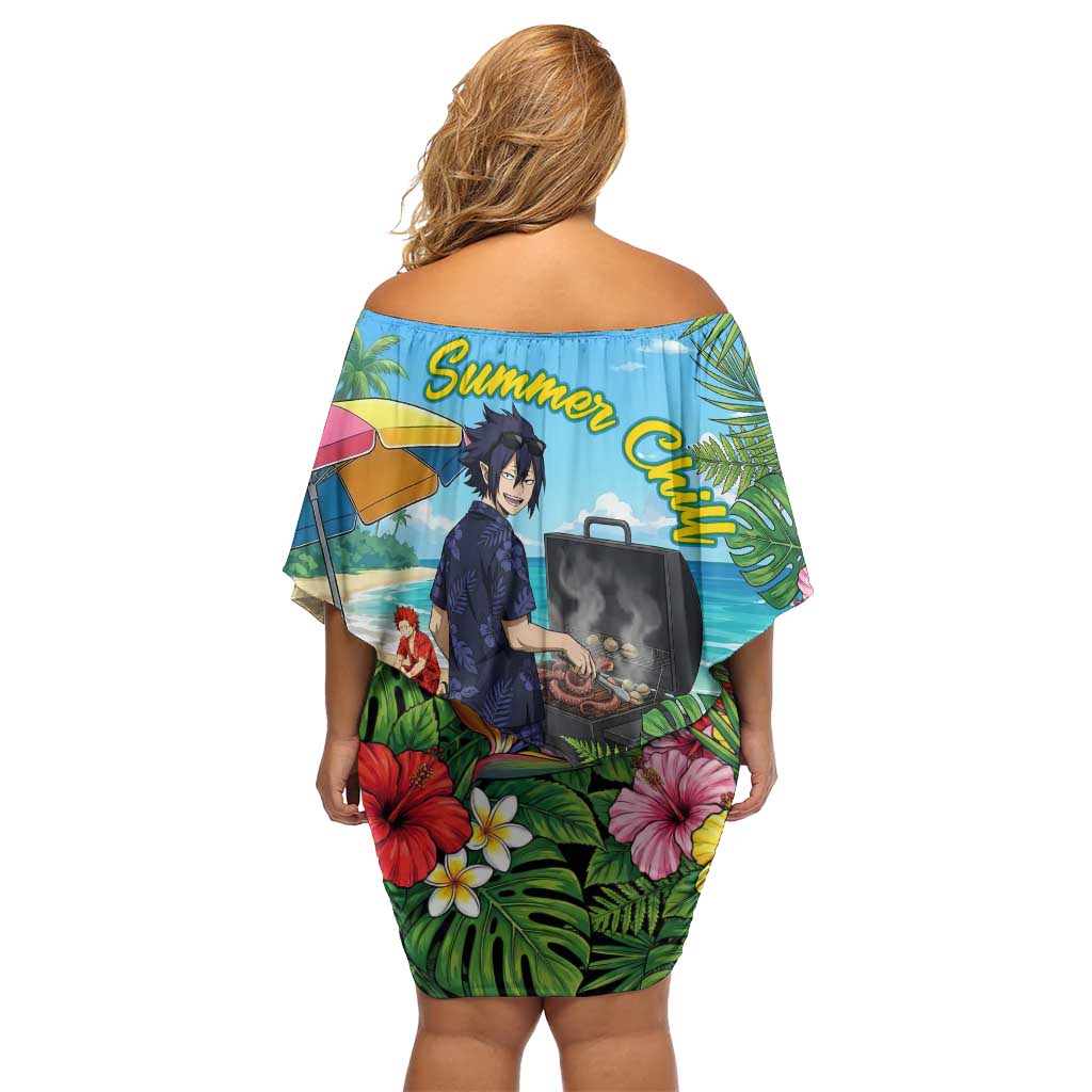 Tamaki Amajiki Summer Chill Family Matching Off Shoulder Short Dress and Hawaiian Shirt Tropical Anime Beach Scene