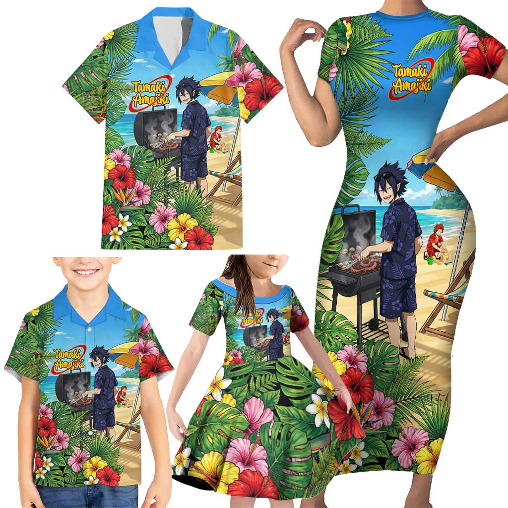 Tamaki Amajiki Summer Chill Family Matching Short Sleeve Bodycon Dress and Hawaiian Shirt Tropical Anime Beach Scene