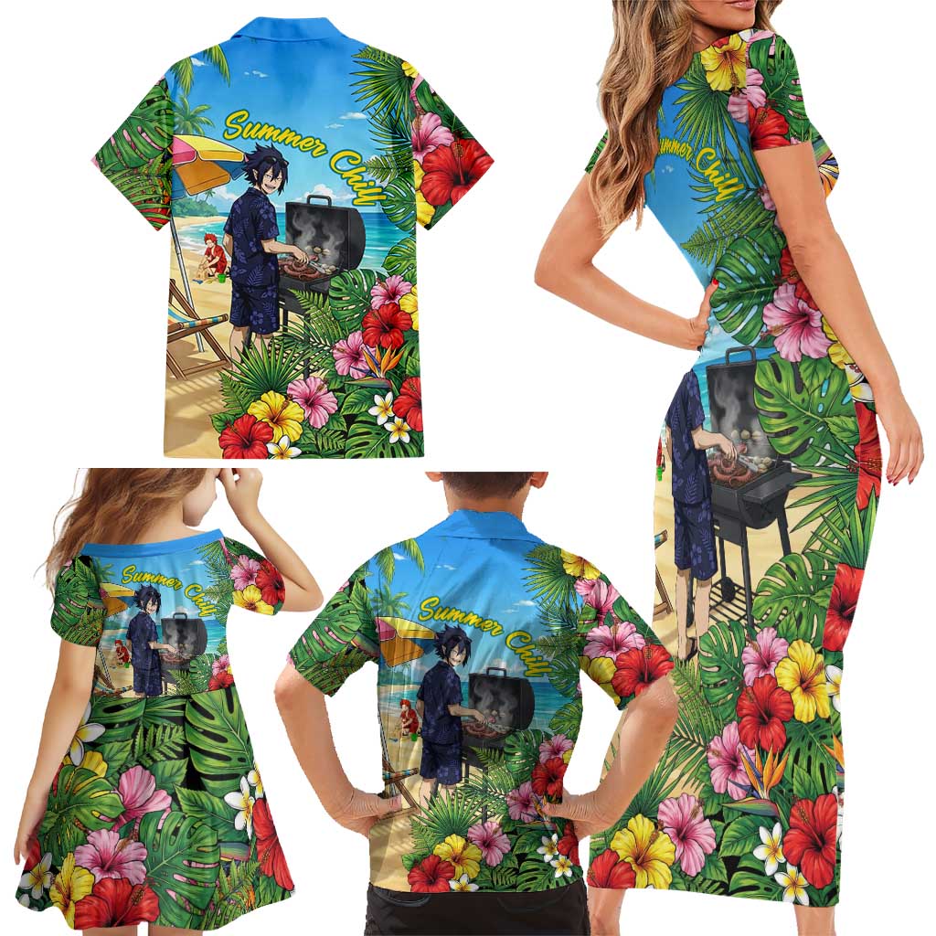 Tamaki Amajiki Summer Chill Family Matching Short Sleeve Bodycon Dress and Hawaiian Shirt Tropical Anime Beach Scene