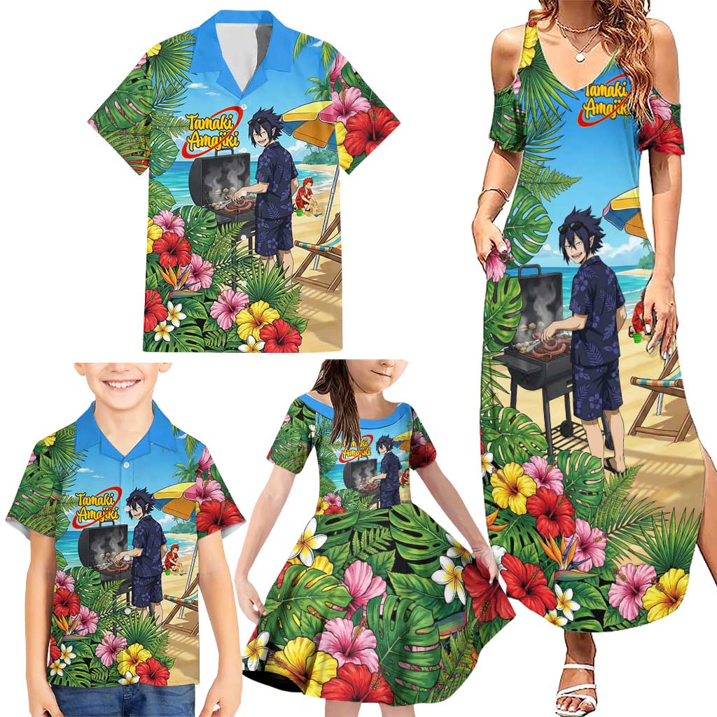 Tamaki Amajiki Summer Chill Family Matching Summer Maxi Dress and Hawaiian Shirt Tropical Anime Beach Scene